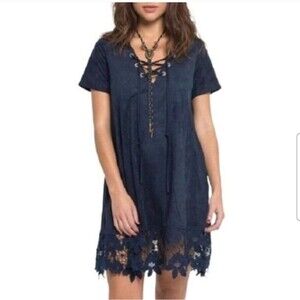 Muche Et Muchette Womens Embroider Trim Lace Up Neck Dress blue size S/M
